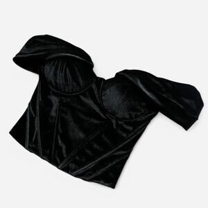 Black Velvet Draped Off the Shoulder Bustier Zip Up Top w Boning & Padding XS/S